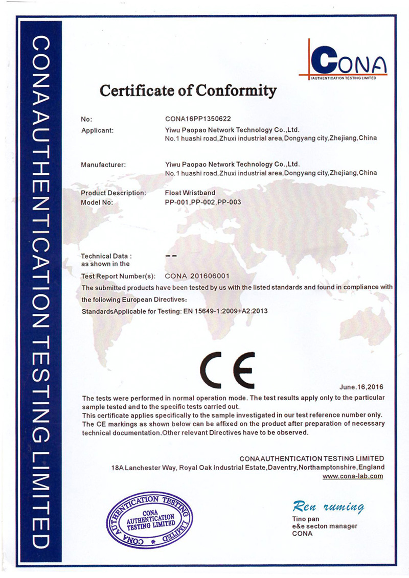 Certification of Comformity for anti drowning bracelet
